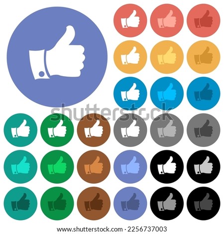 Thumbs up multi colored flat icons on round backgrounds. Included white, light and dark icon variations for hover and active status effects, and bonus shades.