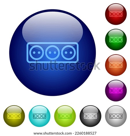 Electrical outlet with three sockets outline icons on round glass buttons in multiple colors. Arranged layer structure