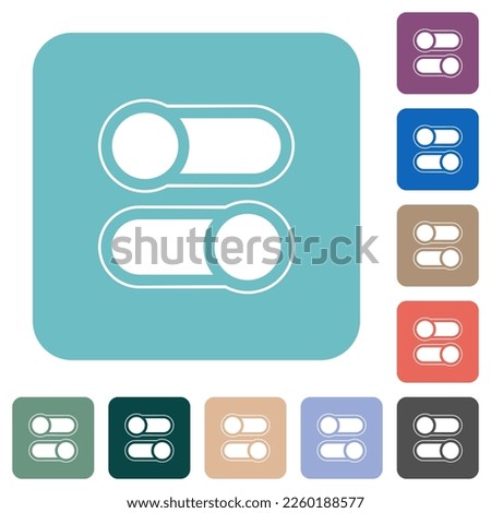 Horizontal toggle switches alternate white flat icons on color rounded square backgrounds
