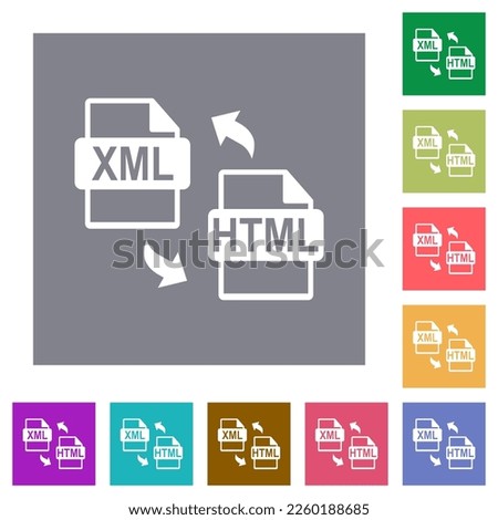 XML HTML file conversion flat icons on simple color square backgrounds