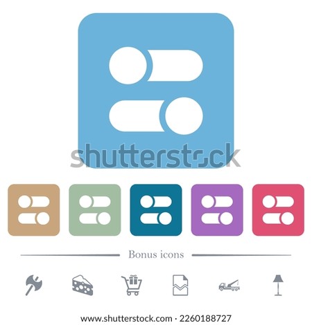 Horizontal toggle switches solid white flat icons on color rounded square backgrounds. 6 bonus icons included