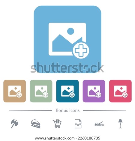 Add new image white flat icons on color rounded square backgrounds. 6 bonus icons included