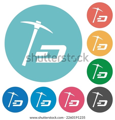 Dash cryptocurrency mining with treasure flat white icons on round color backgrounds