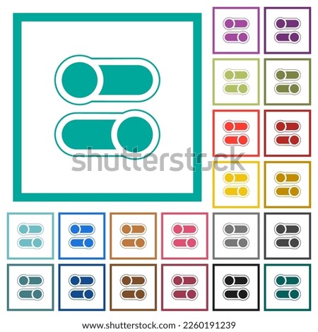 Horizontal toggle switches alternate flat color icons with quadrant frames on white background