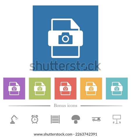 raw camera file type flat white icons in square backgrounds. 6 bonus icons included.