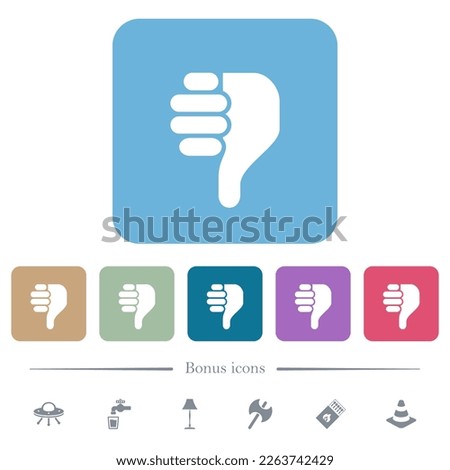 Right handed thumbs down solid white flat icons on color rounded square backgrounds. 6 bonus icons included