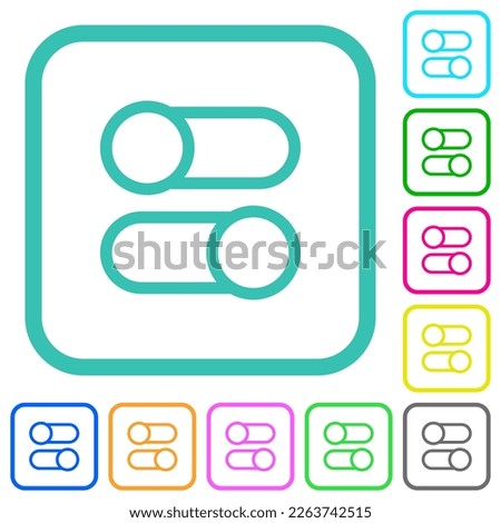 Horizontal toggle switches outline vivid colored flat icons in curved borders on white background