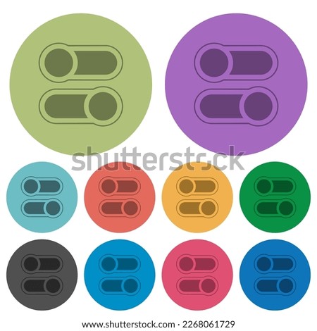 Horizontal toggle switches alternate darker flat icons on color round background