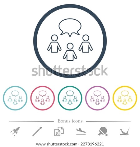 Three talking persons with oval bubble outline flat color icons in round outlines. 6 bonus icons included.