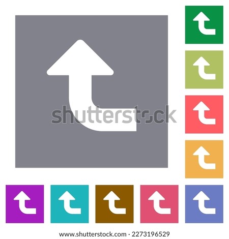 Left top side turn arrow solid flat icons on simple color square backgrounds