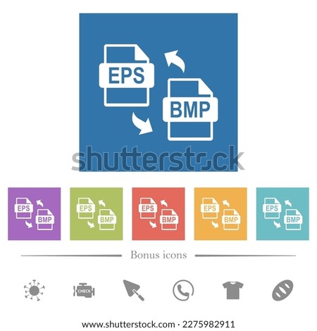EPS BMP file conversion flat white icons in square backgrounds. 6 bonus icons included.