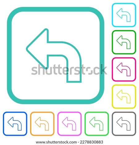 Top left side turn arrow outline vivid colored flat icons in curved borders on white background