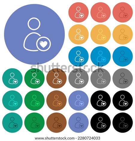 Favorite user outline multi colored flat icons on round backgrounds. Included white, light and dark icon variations for hover and active status effects, and bonus shades.