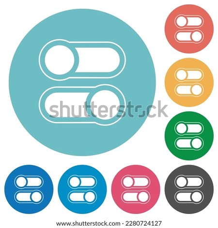 Horizontal toggle switches alternate flat white icons on round color backgrounds