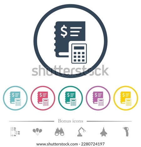 Dollar ledger flat color icons in round outlines. 6 bonus icons included.