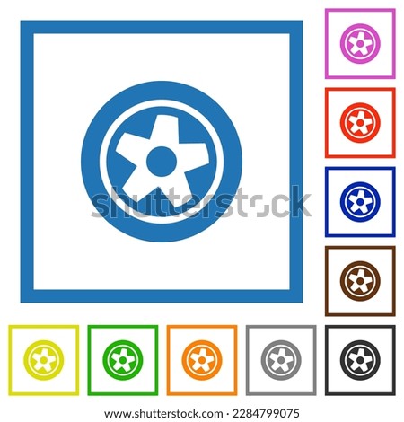 Car wheel flat color icons in square frames on white background