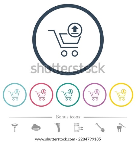Cart upload outline flat color icons in round outlines. 6 bonus icons included.