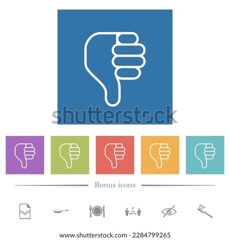 left handed thumbs down outline flat white icons in square backgrounds. 6 bonus icons included.