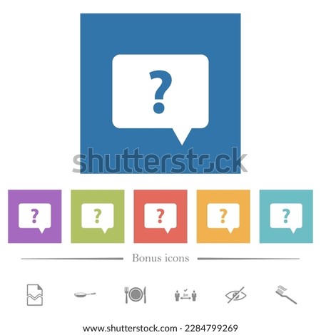 Rounded square help chat bubble solid flat white icons in square backgrounds. 6 bonus icons included.