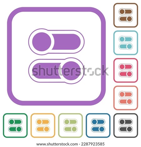 Horizontal toggle switches alternate simple icons in color rounded square frames on white background