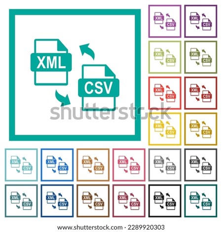 XML CSV file conversion flat color icons with quadrant frames on white background