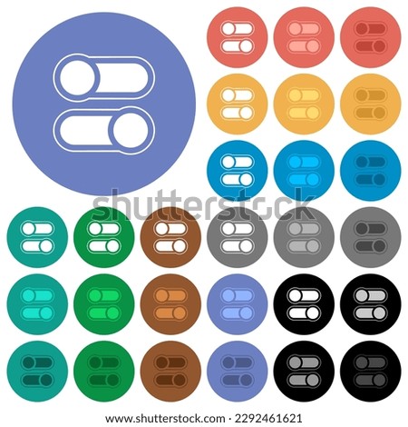 Horizontal toggle switches alternate multi colored flat icons on round backgrounds. Included white, light and dark icon variations for hover and active status effects, and bonus shades.