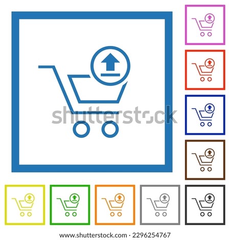 Cart upload outline flat color icons in square frames on white background