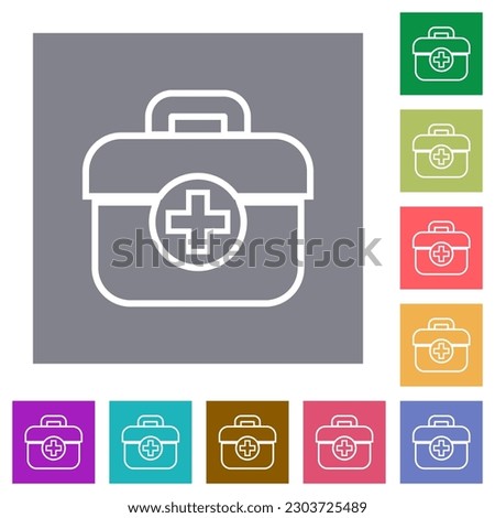 First aid kit outline flat icons on simple color square backgrounds