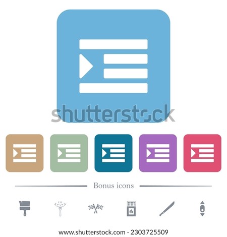 Increase text indentation white flat icons on color rounded square backgrounds. 6 bonus icons included