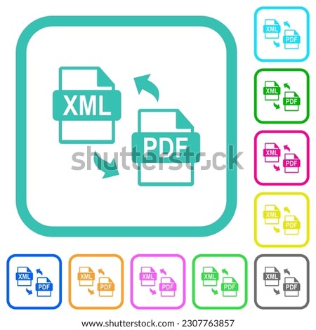 XML PDF file conversion vivid colored flat icons in curved borders on white background