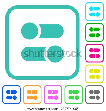 Horizontal toggle switches solid vivid colored flat icons in curved borders on white background