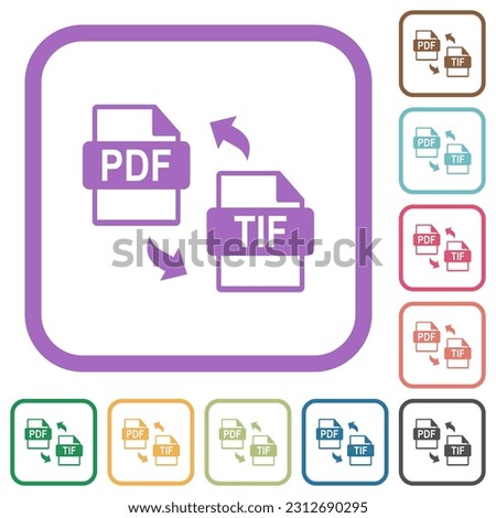 PDF TIF file conversion simple icons in color rounded square frames on white background