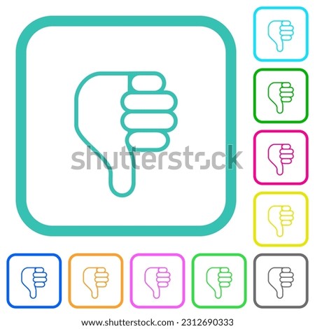 left handed thumbs down outline vivid colored flat icons in curved borders on white background