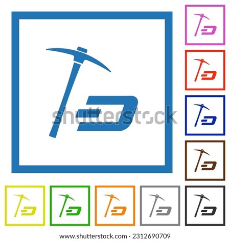 Dash cryptocurrency mining with treasure flat color icons in square frames on white background