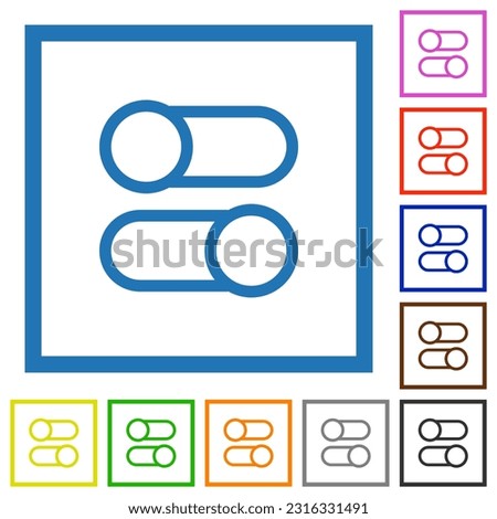 Horizontal toggle switches outline flat color icons in square frames on white background