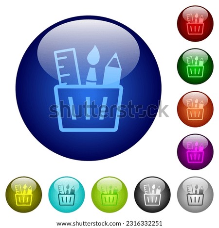 Drawing tools outline icons on round glass buttons in multiple colors. Arranged layer structure
