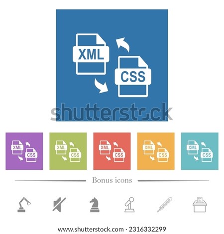 XML CSS file conversion flat white icons in square backgrounds. 6 bonus icons included.