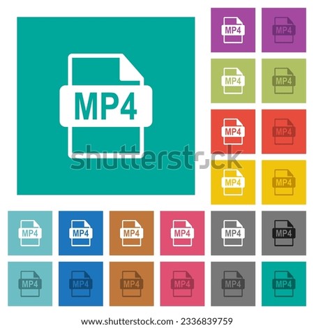 MP4 file format multi colored flat icons on plain square backgrounds. Included white and darker icon variations for hover or active effects.