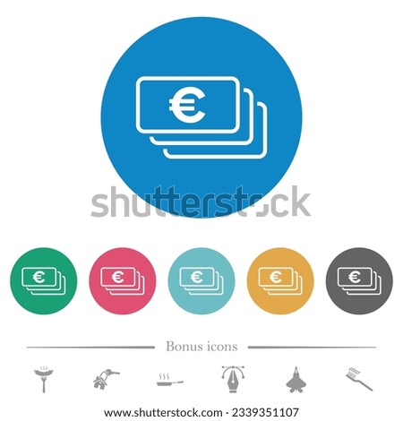 European Euro banknotes outline flat white icons on round color backgrounds. 6 bonus icons included.