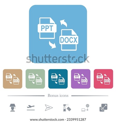 PPT DOCX file conversion white flat icons on color rounded square backgrounds. 6 bonus icons included