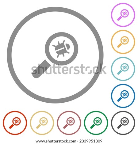 Bug tracking flat color icons in round outlines on white background