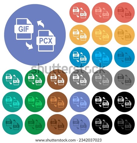 GIF PCX file conversion multi colored flat icons on round backgrounds. Included white, light and dark icon variations for hover and active status effects, and bonus shades.