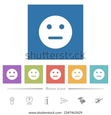 Neutral emoticon solid flat white icons in square backgrounds. 6 bonus icons included.