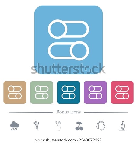 Horizontal toggle switches outline white flat icons on color rounded square backgrounds. 6 bonus icons included