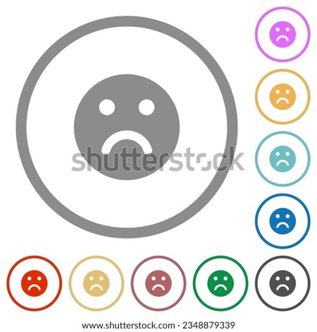 Sad emoticon solid flat color icons in round outlines on white background