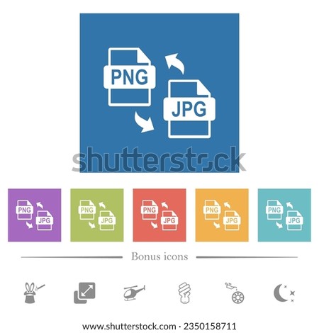 PNG JPG file conversion flat white icons in square backgrounds. 6 bonus icons included.