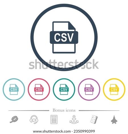 CSV file format flat color icons in round outlines. 6 bonus icons included.