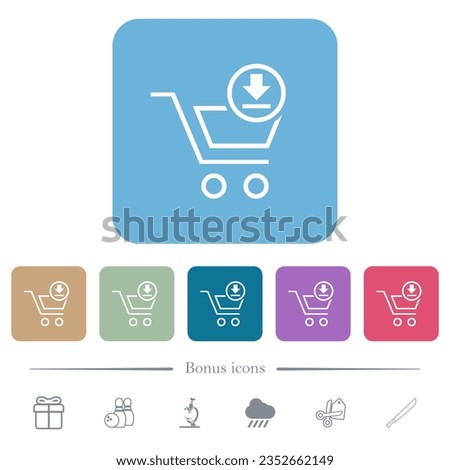 Cart download outline white flat icons on color rounded square backgrounds. 6 bonus icons included