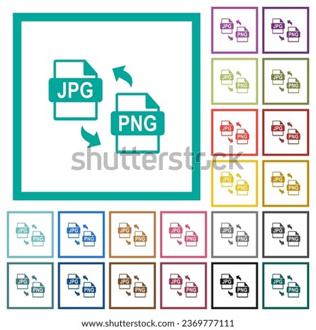 JPG PNG file conversion flat color icons with quadrant frames on white background