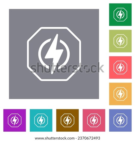 Octagon shaped electricity energy sanction sign outline flat icons on simple color square backgrounds